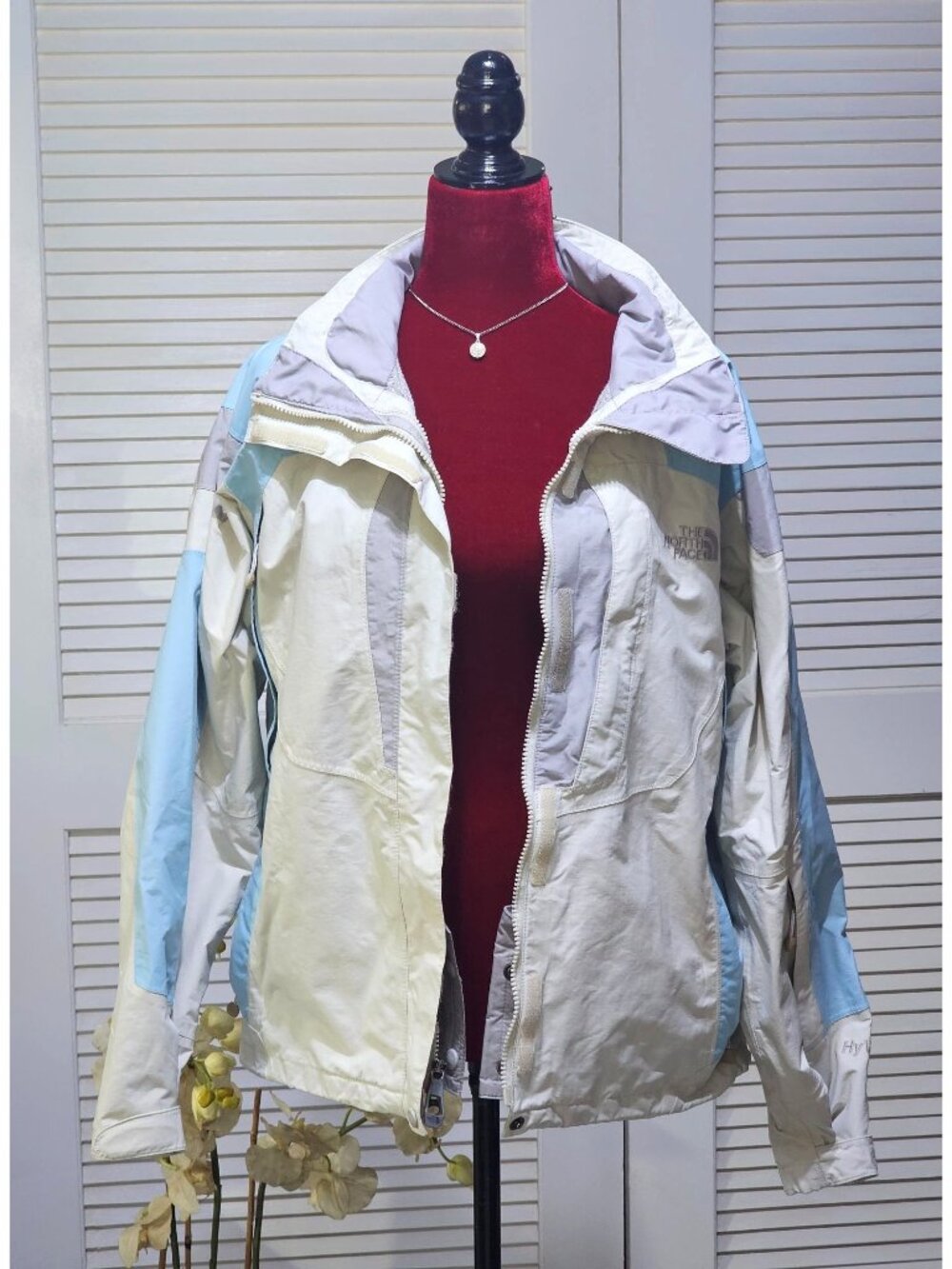 The North Face Womens Beige Blue Color Block Hyvent Windbreaker Jacket Sz M 2627 - Picture 4 of 13